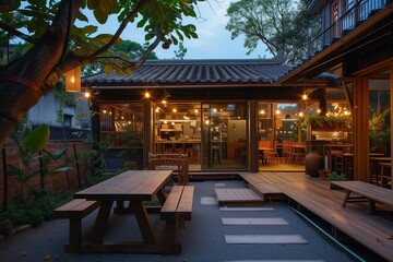 Fototapeta premium A Taipei night market scene transforms the backyard of a craftsman-style dwelling