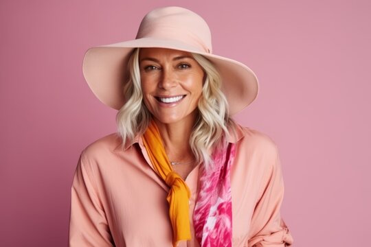 Portrait of a beautiful blonde woman in hat over pink background.