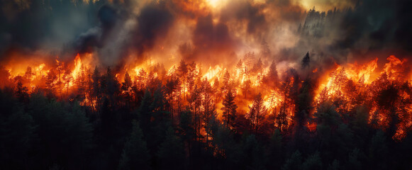 Fototapeta na wymiar danger forest fire in a pine forest at night. Aerial top view