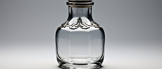 A clear glass bottle with a black top and a silver cap