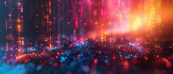 Abstract digital landscape with flowing particles and light effects, representing connectivity, data, and futuristic technology in a vibrant color spectrum of red, blue, and orange tones.