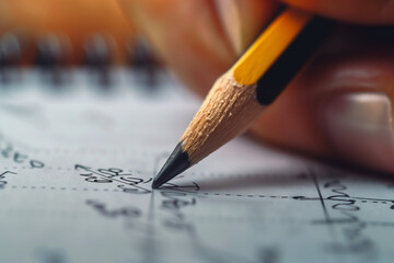 A close-up photo of a hand holding a pencil, poised to write down equations or annotations, minimalistic style,