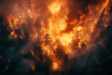danger forest fire at night. Aerial top view from above drone