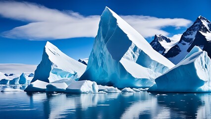 Majestic icebergs float on tranquil waters under a clear blue sky, backed by snow-capped mountains