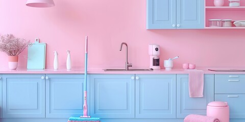 Minimalist kitchen design in pastel pink tones evokes modern simplicity and style