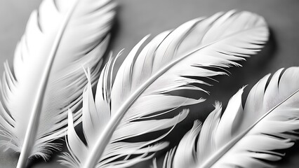 Elegant white feathers against a grey backdrop, highlighting intricate details and textures