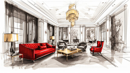 MLuxurious Room with Golden Furnishings and Red funiture, Enhanced by Black and White Sketch and One-Line Drawing