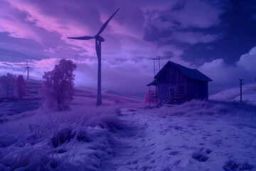 AI Generated Image. Infrared shot of the great nature landscape with wooden cabin and wind turbines