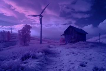 Foto op Canvas AI Generated Image. Infrared shot of the great nature landscape with wooden cabin and wind turbines © Arman Zhenikeyev