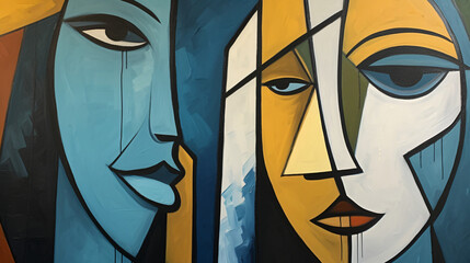 Cubism portrait of two women. abstract wall art.