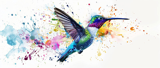 A colorful hummingbird flying in the air with paint sp
