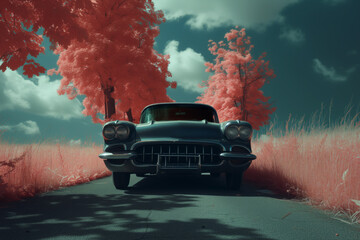 AI Generated Image. Infrared shot of the vintage car driving on the road in great nature landscape - 758665865