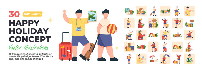 Holiday concept illustration. Great Bundle. Collection scenes of about holidays and trips to the mountains or the beach. a lot stock bags, suitcases, hats, tents. Vector Illustration