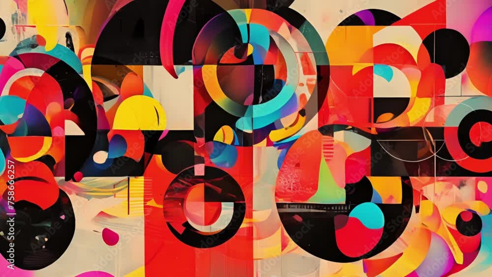 Poster a fusion of geometric shapes and organic elements in bold contrasting colors creating a sense of cha