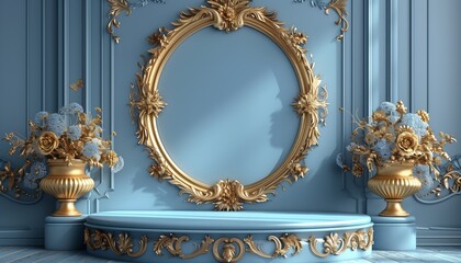 empty Podium and baroque gold motifs on blue background, elegant style, used for displaying products