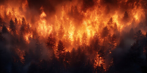 forest fire in pine forest at night. Natural disaster in summer. View top from above drone - obrazy, fototapety, plakaty