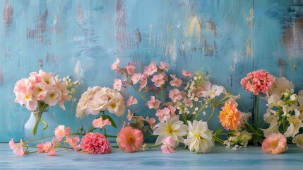 Different soft flowers on blue table

