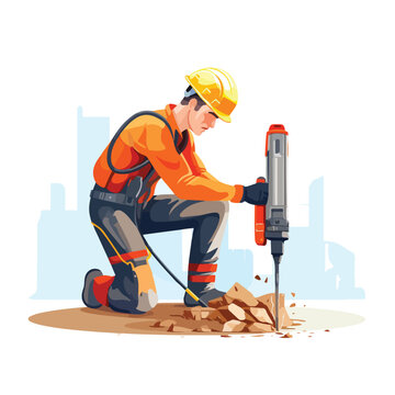 Construction worker drilling road hole using 