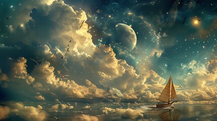 Dreamy Themes: Images evoking dreamlike atmospheres with elements such as clouds, stars, birds, and other symbols.
