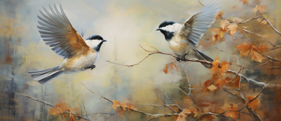 A couple of little birds chickadees flying toward spread - obrazy, fototapety, plakaty