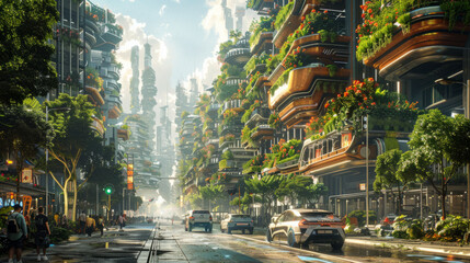A bustling futuristic city street surrounded by tall, eco-friendly buildings adorned with lush greenery under a clear blue sky