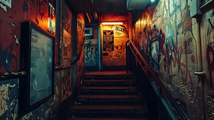 Underground Club Staircase Adorned with Graffiti and Music Posters in Dim Light - obrazy, fototapety, plakaty