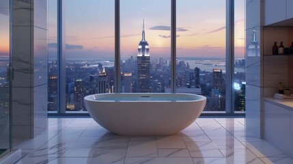 Upscale Bathroom Oasis with Panoramic City Views at Sunset in a Sleek Penthouse