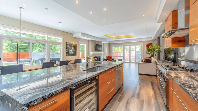 Ultra Modern Kitchen with Stainless Steel Appliances and Marble Countertop in Bright, Airy Home
