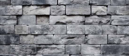 A closeup shot of a rectangular grey brick wall, featuring the intricate pattern of blackandwhite brickwork. This monochrome photography showcases the beauty of this building material