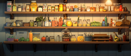 A couple of shelves filled with different types of food - obrazy, fototapety, plakaty