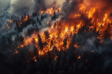 natural emergency is a natural disaster on summer. Forest fire at night aerial top view - obrazy, fototapety, plakaty