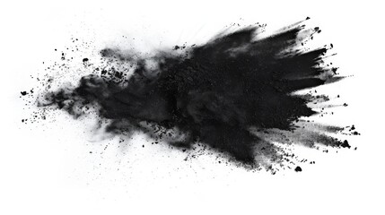 Black charcoal powder dust paint white explosion explode burst isolated splatter abstract. Powder charcoal background black smoke particles explosive carbon pattern coal makeup dark splash bomb piece