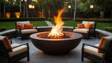 a fire pit on the luxury patio in the backyard - obrazy, fototapety, plakaty