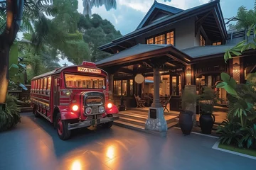 Crédence de cuisine en verre imprimé Bus rouge de Londres A Manila jeepney parade transforms the porch of a craftsman-style dwelling