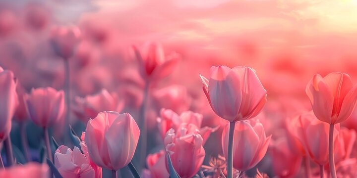 Soft twilight hues casting a tranquil glow on a field of pastel pink tulips