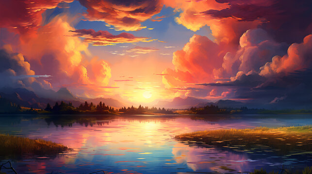 Digital artwork landscape oil painting of nature color
