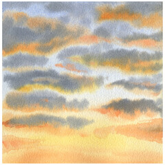 Watercolor illustration of sunset sky and clouds. Hand drawn illustration sketch.