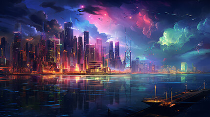 Digital painting of city at night with colorful lights