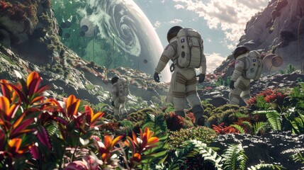 Astronauts Exploring Exotic Extraterrestrial Terrain - obrazy, fototapety, plakaty