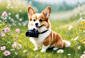 cute dog corgi reporter with camera and fluffy cat sitting on spring blooming meadow
