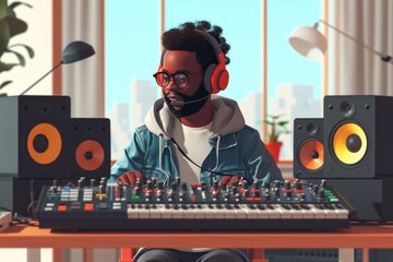 A man with headphones playing a keyboard at a desk, using audio equipment - obrazy, fototapety, plakaty