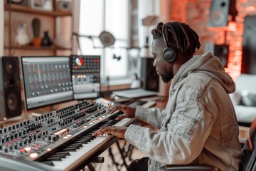 A man in a recording studio wears headphones while playing a keyboard - obrazy, fototapety, plakaty