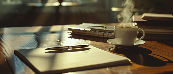 A desk with a notepad pen and a cup of coffee. .. - obrazy, fototapety, plakaty