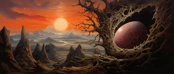 Crédence de cuisine en verre imprimé Marron profond Dragons egg in dramatic landscape fantasy painting