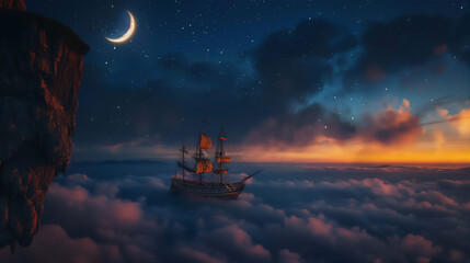 Old sailing ship stuck on the edge of rock cliff  in the night with crescent moon and sea of clouds - obrazy, fototapety, plakaty