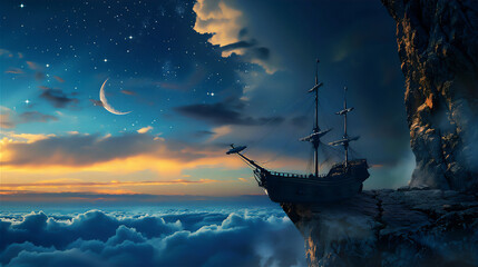 Old sailing ship stuck on the edge of rock cliff  in the night with stars, crescent moon and sea of...