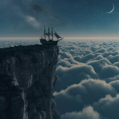 sailing ship stuck on the edge of rock cliff  in blue midnight with crescent moon and sea of clouds
