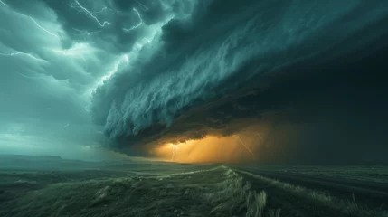 Poster A dramatic and powerful image of a massive supercell thunderstorm at night, with intense lightning strikes illuminating the sky beneath the ominous cloud formation © ChubbyCat