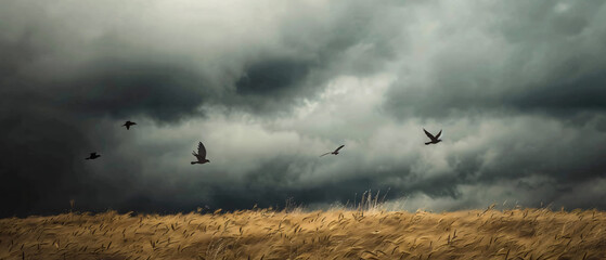A flock of birds flying over a dry grass field under a