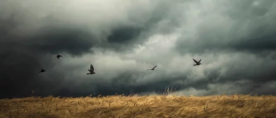 Zelfklevend Fotobehang A flock of birds flying over a dry grass field under a © Jafger